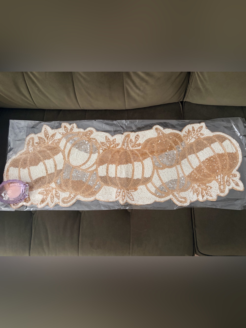 Beaded Pumpkin Table Runner in White and Copper-Tone